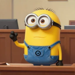 A Minion from Despicable Me as an attorney at law arguing his case in front of the jury, oil painting