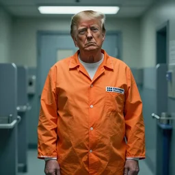 establishing shot, film still of donald trump wearing orange prison pajamas locked up in an asylum, cinematic masterpiece, octane, dramatic lighting, very detailed