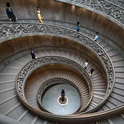 an endless, spiral staircase, with people going down, all wearing a top hat by magritte, by escher