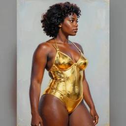 sc - fi movie poster from the 7 0's, young black thick dejah thoris seen from the side, gold bikini armor, acrylic painting, by leyendecker