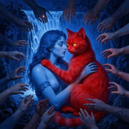 only with blue, ney motogrosso in love with a red ocelot, too many hands in all directions, in hoc signo vinces, waterfall, in the style of leonora carrington, gottfried helnwein, intricate composition, blue light by caravaggio, insanely quality, highly detailed, masterpiece, red light, artstation