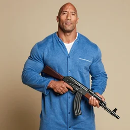 dwayne the rock johnson, in blue onesie pajamas, holding an ak - 4 7.