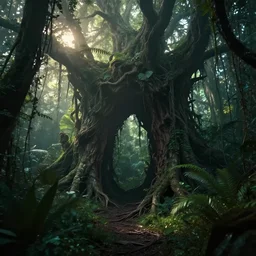 ravenous, ominous portal to hades embedded in a creepy tree in a densely overgrown, magical jungle, fantasy, dreamlike sunraise, ultra realistic, atmospheric, stopped in time, dreamlike light incidence