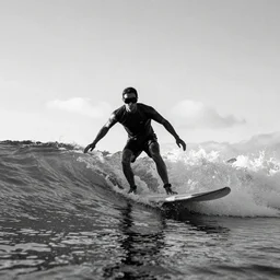 a cyborg wearing welding goggles surfs a wave in waimea bay on a 1 0 - foot wooden longboard at sunset, black and white film photograph.