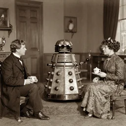 A Victorian sepia photo of a Dalek tea party.