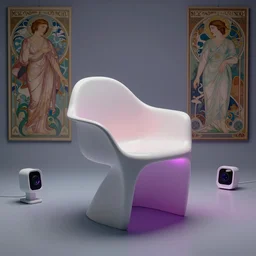 product photo of a futuristic chair by ikea, minimalistic, by artgerm and greg rutkowski and marc newson and zaha hadid, alphonse mucha, samsung apple webcam, matte glossy materials, neon, three quarter view, volumetric light, detailed, octane render, midsommar