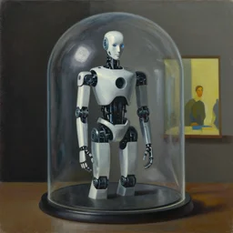 portrait of a sophisticated robot inside a dome, pj crook, grant wood, edward hopper, syd mead, chiaroscuro, oil on canvas