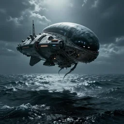 large alien spacecraft resembling Portuguese Man of War floating above a turbulent ocean, casting a shadow, intense dramatic sci-fi movie still, beautiful cinematography, chilling, high contrast 0n 5