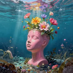 a dream of a surreal vaporwave vaporwave vaporwave vaporwave vaporwave painting by Thomas Cole of an old pink mannequin head with flowers growing out, sinking underwater, highly detailed, caustics, sunrays, 8k hyperdetails