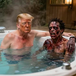 zombie donald trump and zombie pee wee herman in a hot tub.