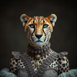 annie leibovitz headshot of a beautiful human female cheetah hybrid wearing a victorian era dress, bokeh, 5 0 mm