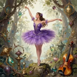 fantasy, standing on top of a violin, d & d, wearing purple romantic tutu, art by artgerm and greg rutkowski and magali villeneuve, illustration, brunette fairy woman stretching, highly detailed, trending on artstation, sharp focus, concept art, digital painting, intricate details, forest artifacts