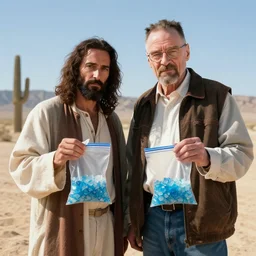 Jesus and walter white holding ziploc bags of crystal blue meth, in the desert, film still, 4k, photorealistic, hd