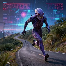 i'd be running up that road, be running up that hill,, stranger things, demogorgon, cyberwave, vector graphics, cinematic, photorealistic, artstation, highly detailed, volumetric lighting