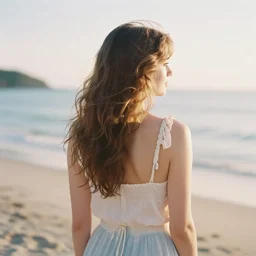 photograph of a beautiful!!! woman! from the back in an beach by mark owen. pastel colors. kodak portra 4 0 0 film!!. whirl bokeh!. mamiya 7. highly detailed. hq. photoreal. golden hour. lens flare. faded film. in - frame