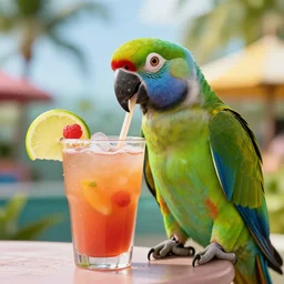 A portrait photo of a parrot sipping a fruity drink through a straw in Margaritaville