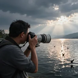 photo of a photographer with a dslr and a white telephoto lens watching birds on a lake
