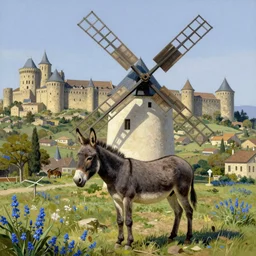 very long shot of a windmill, wild beautiful donkey, spots of blue flowers nearby, medieval french landscape, Carcassonne, city of carcassonne in the background, by Stanley Artgerm Lau, Rossdraws, frank frazetta, Andrei Riabovitchev, tranding on artstation
