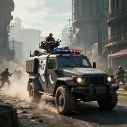 a militarized police vehicle with mounted weapons riding through an orwellian town, troops searching the area, action scene, an epic fantasy, dramatic lighting, cinematic, establishing shot, extremely high detail, photorealistic, cinematic lighting, artstation, octane render, by Christopher Nolan, horizon forbidden west