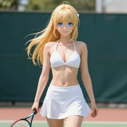 full body shot : a very beautiful young blond tennis anime girl, sky blue eyes,, bikini, white miniskirt, highly detailed, cinematic wallpaper by stanley artgerm lau