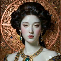 face centered portrait, artwork by james jean, hyperdetailed realistic smooth polished porcelain, beautiful mongolian queen, jean delville, art nouveau, gustav klimt, ornate copper patina gothic icon, james jean, ultrasharp hyperdetailed photorealistic octane render