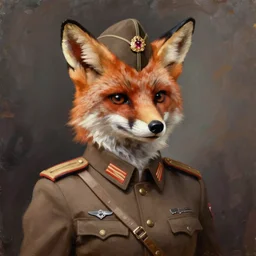 oil painting portrait of anthropomorphic female fox animal dressed in brown modern american general uniform, fox animal, general hat, oil painting,
