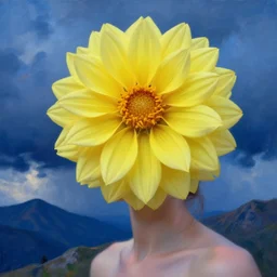 closeup girl with massive yellow dahlia flower face, standing on mountain, surreal photography, blue storm clouds, dramatic light, impressionist painting, digital painting, artstation, simon stalenhag