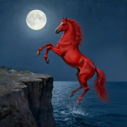 a red demon horse falls off a cliff and into the ocean under the moonlight, beksinski, dariusz zawadzki, surreal, ethereal