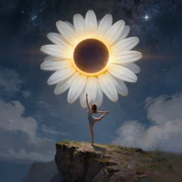 large white daisy flower on head, girl dancing on cliff, surreal photography, solar eclipse, milky way, dramatic light, impressionist painting, clouds, digital painting, artstation, james gilleard, liam wong, jeremy mann, simon stalenhag