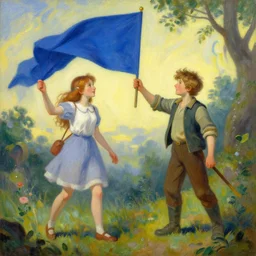 girl versus boy holding a blue flag, fantasy world, painted by sylvain sarrailh, rhads, ferdinand knab, trending on artstation