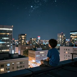a kid in a big city, sits on a rooftop, watches a beautiful night full of stars and tech buildings, detailed, by paul lehr