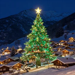 photo of a swiss village in winter night on a mountain shape like a christmas tree