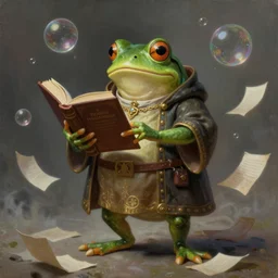 anthropomorphic bipedal frog that is dressed as a medieval librarian, and holding a giant book, as a matte oil painting, d & d character reveal, by alex grey, obese, standing, fullbody, floating bubbles, loose papers, fog, mystic, concept art, award - winning, intricate, sharp focus