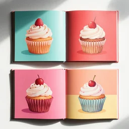flatlay book collection, vivid colors, dramatic lighting, cupcake