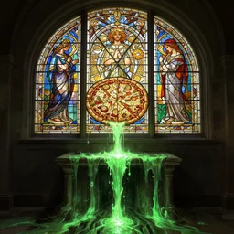 stained glass pizza window, above an altar in a puritan underground sewerage network, unadorned, green glowing slime flowing down from the sewers, intricate, highly detailed, digital painting, artstation, concept art, cinematic lighting, illustration, by artgerm, greg rutkowski, alphonse mucha, cgsociety