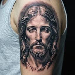 tattoo of jesus but bald white, black, and tan ink, detailed, hyperrealistic trending on artstation