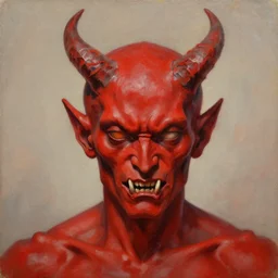 oil painting portrait of bright red devil with twisted horns and gnarled fangs