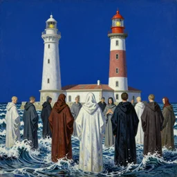 worshippers in robes belonging to the cult of the lighthouse standing in waves, a lighthouse, high detailed beksinski painting, part by adrian ghenie and gerhard richter. art by takato yamamoto. masterpiece, deep colours, blue