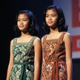 a middle - shot, color travel photograph portrait of two indonesian girl on the stage, dramatic lighting, 1 9 9 0 photo from live magazine.