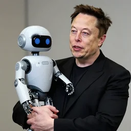 elon musk holding his robot son