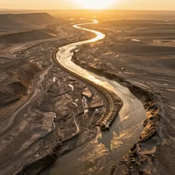 photo of a dry river in the shape of normal spinal curvature, drone shot, golden hour