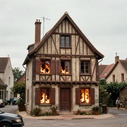 1 9 7 0 s movie still of a heavy burning french style townhouse in a small french village by night rain, cinestill 8 0 0 t 3 5 mm, heavy grain, high quality, high detail, dramatic light, anamorphic, flares