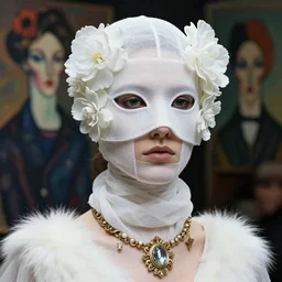 a futuristic portrait by mask made o white gauzes and plastic flowers, white fur necklace made by gauzes twisted around neck, design by leonardo davinci, inspired by egon schiele, balenciaga, modern art, baroque art jewelry, new classic, fashion design, photorealistic, hyper realistic, cinematic composition, cinematic lighting, fashion design, concept art, 8 k render