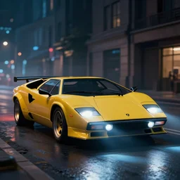 a beautiful render of a cyberpunk lamborghini countach with led projectors in a street at night, wallpaper, trending on art station hq, 8 k, unreal engine, raytraced shadows, raytraced lighting, raytraced reflections, raytracing, rtx, 8 0 mm, depth of field, bloom, hdr