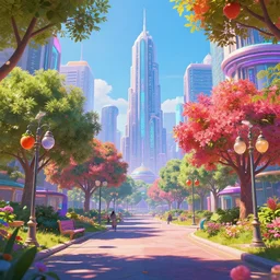 1 9 2 1 hovering illuminating cyberpunk park with vibrant trees in a cyberpunk metropolis optimistic colorful sunny clear day parks trees flowers [ fruity street lamps ] clear focus [ [ cyberpunk skyscrapers ] ] [ art deco motifs ] colorful lighting fantasy scifi by ross tran greg rutkowski elegant retro futuristic artstation