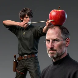 william tell, shooting an arrow at an apple on steve jobs head, cyberpunk art by tom bagshaw, yumihiko amano, cgsociety, figurative art, toonami, zbrush, official art