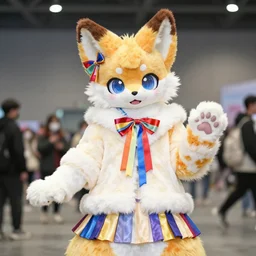 a cute anthropomorphic calico fox girl anthro fursuit is wearing vibrant ribbons and a fluffy coat and a striped skirt, high definition photo at a convention center