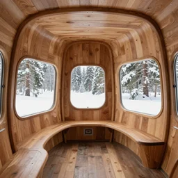 the interior of a 1 9 6 0 s space ship carved out of wood, designed by eero saarinen, trees and snow visible through the windows