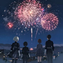 sky of fireworks seen from high up in the sky at night by makoto shinkai, simon stalenhag, nier atutomata environment concept art, greg rutkowski and krenzcushart