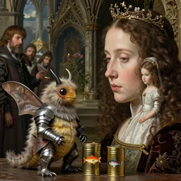 medieval jan van eyck cloeup face portrait of a tin toy fuzzy kaiju moth dragon wearing armour and young girl marriage portrait, nicoletta ceccoli, mark ryden, lostfish, hyung tae, frank frazetta, depth of field, detailed and intricate gothic environment, 8 k resolution, hyperrealistic, octane render